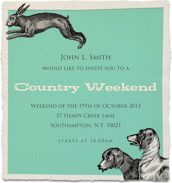 Blue Fall Themed Country Weekend Invitation with dogs and hare.