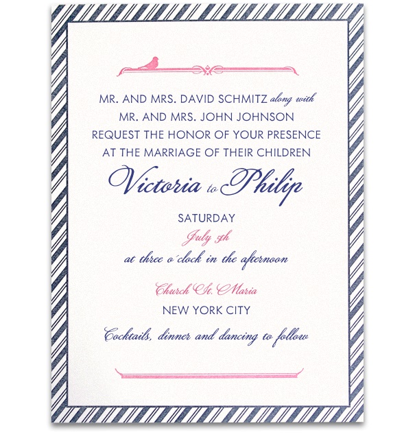Formal Wedding Invitation with blue striped border and pink-blue text.