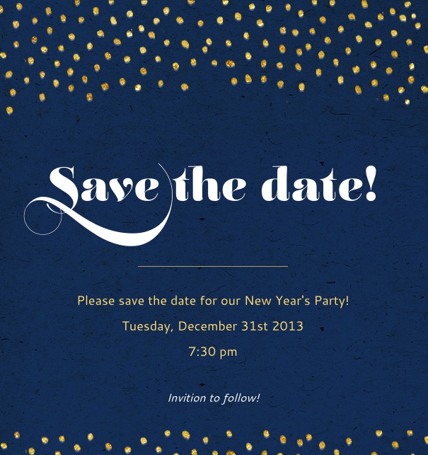 Online Save the Date Card for celebrations with golden dots, dark blue background and customizable text.