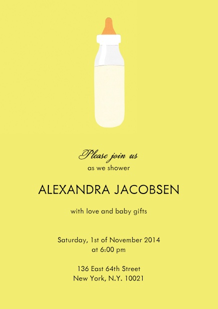 Baby Shower Card on yellow paper with baby bottle.