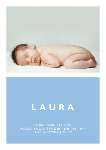 Online Birth annoucement card with large photo and colorful text feld with editable text in multiple colors. Blue.