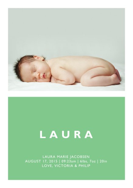 Online Geburtskarte mit großem Foto und farbigem Textfeld mit editierbarem Text in mehrern Farben. Grün.