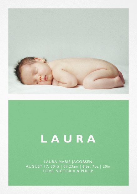 Birth annoucement card with large photo and colorful text feld with editable text in multiple colors. Green.