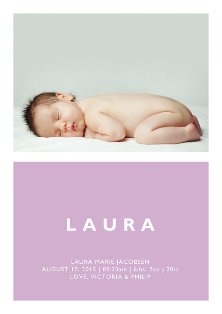 Online Geburtskarte mit großem Foto und farbigem Textfeld mit editierbarem Text in mehrern Farben. Rosa.