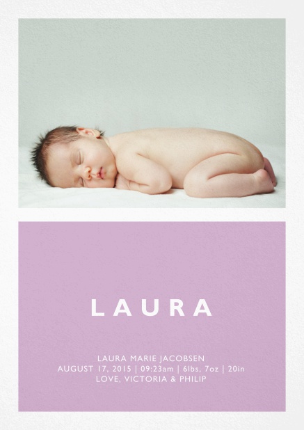 Birth annoucement card with large photo and colorful text feld with editable text in multiple colors. Pink.