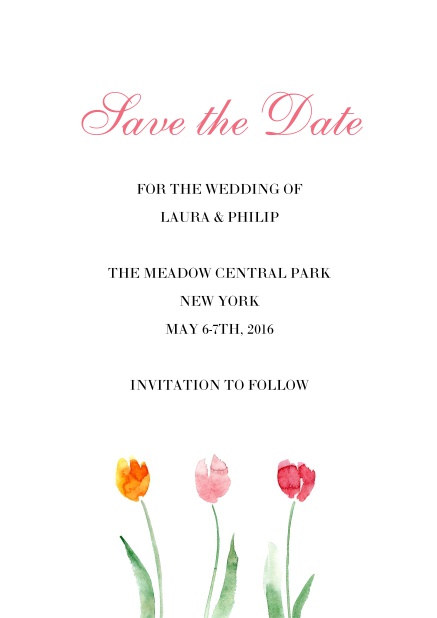 Online Save the date card with three colorful tulips, good for Weddings or large birthdays.