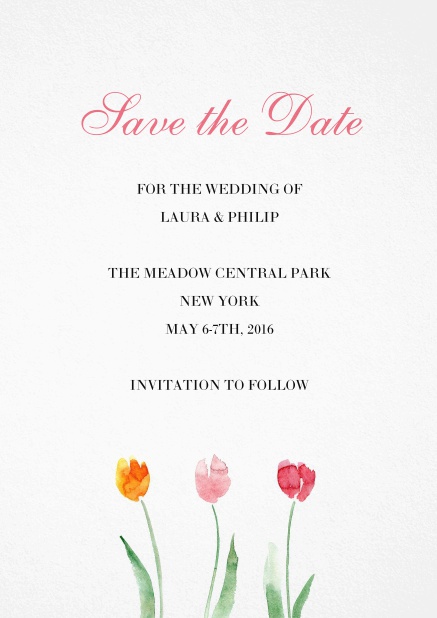 Save the date card with three colorful tulips, good for Weddings or large birthdays.