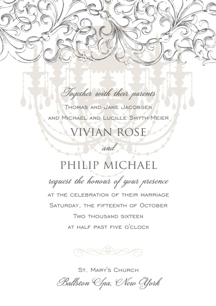 Online formal Invitation card for weddings and precious birthday invitations with grey chandelier at the top.