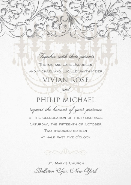 Formal Invitation card for weddings and precious birthday invitations with grey chandelier at the top.