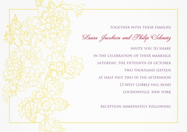 Wedding invitation card with thin golden frame and gold leaf.