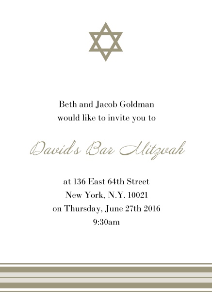 Online Bar oder Bat Mitzvah Einladungskarte mit Foto und Davidstern in auswählbaren Farben. Gold.