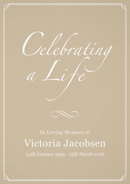 Memorial invitation card for celebrating a love one with photo, light frame and in various colors. Beige.