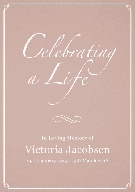 Memorial invitation card for celebrating a love one with photo, light frame and in various colors. Pink.