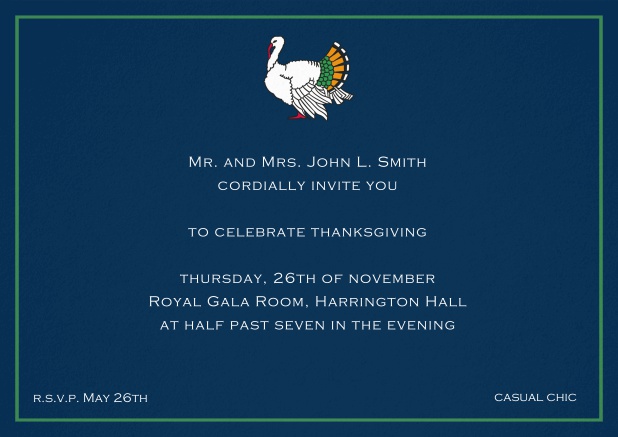 Thanksgiving invitation card with colorful Turkey in landscape format. Navy.