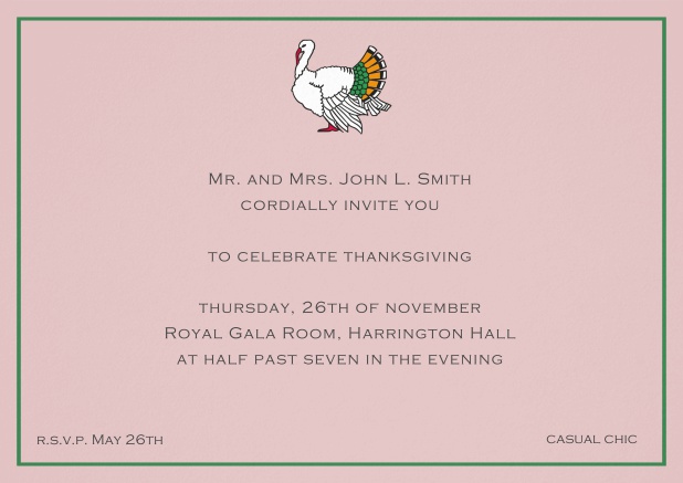 Thanksgiving invitation card with colorful Turkey in landscape format. Pink.