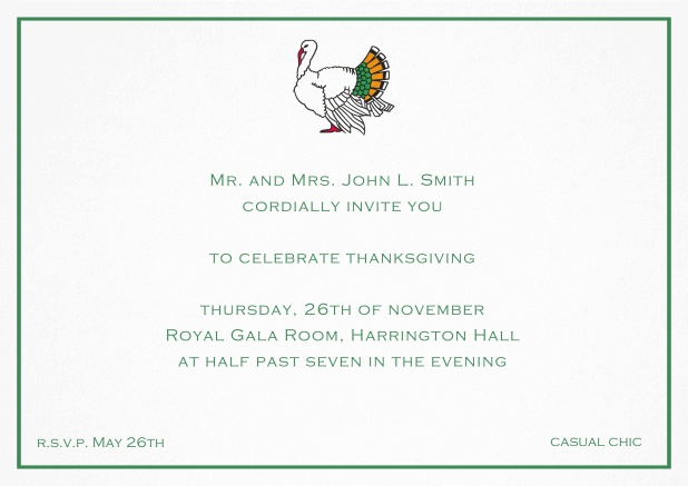 Thanksgiving invitation card with colorful Turkey in landscape format.