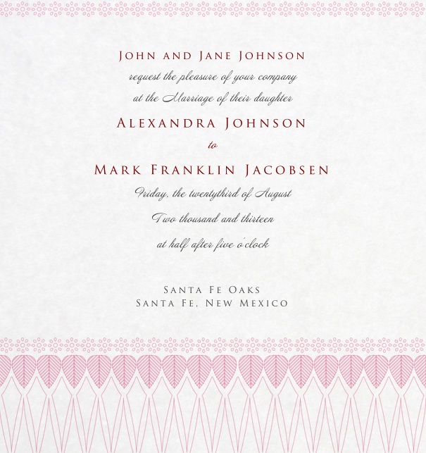 Stilvolle Hochzeitseinladungskarte mit rosafarbenem Muster.