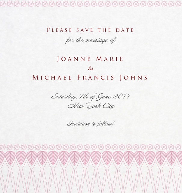 Anpassbare Save the Date Kartenvorlage für Hochzeiten mit rosafarbenem Rahmen.