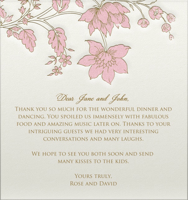 White Wedding Card online with pink flower header and engraved design.
