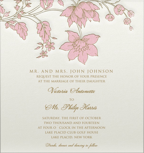 Formal, white Wedding Invitation with pink flower header and engraved design.