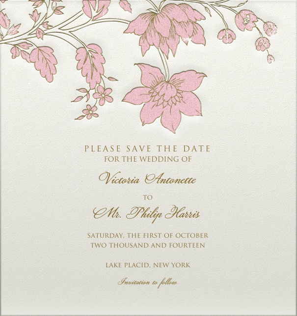 Wedding Save the Date online with pink flower header and engraved design.
