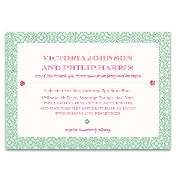 White, formal Wedding Invitation with red text and green frame with white polkadots.