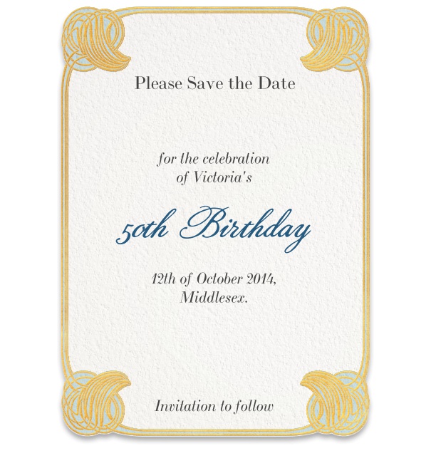 Formal Pepin Press Save the Date high with Art-Deco Corner Border.