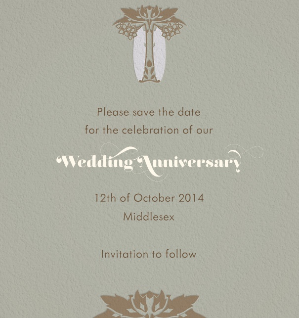Grey Online Save the Date designed by Pepin Press with Art-Deco Motif on Top of bottom.