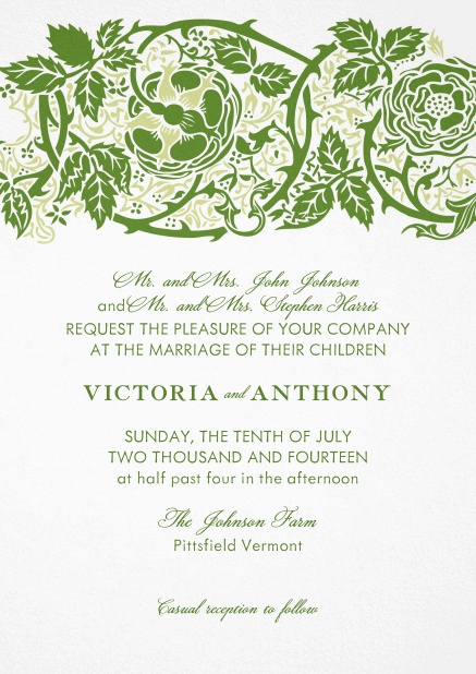 Hochzeitseinladungskarte mit grünen Blumen.
