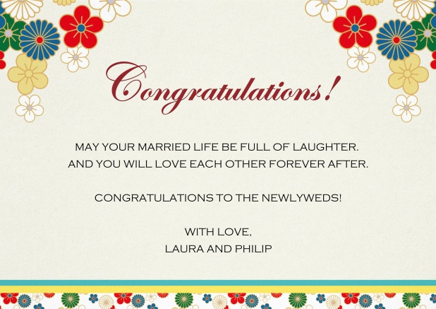 Paper congratulations card with colorful flowers.