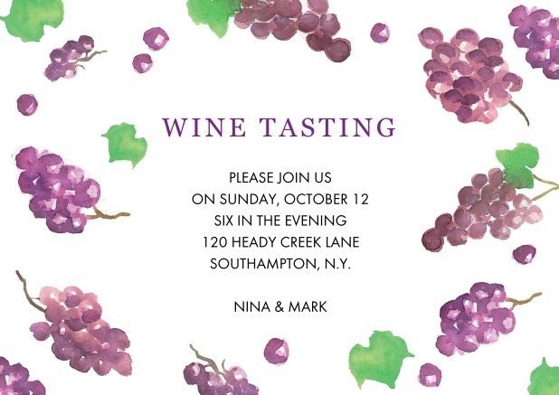 Online Wine tasting invitation card with grapes.
