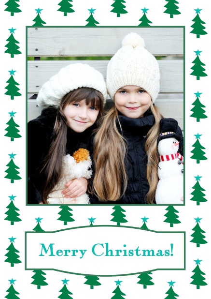 Online Christmas card with large photo surrounded by cute Christmas trees. Blue.