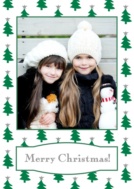 Online Christmas card with large photo surrounded by cute Christmas trees. Grey.