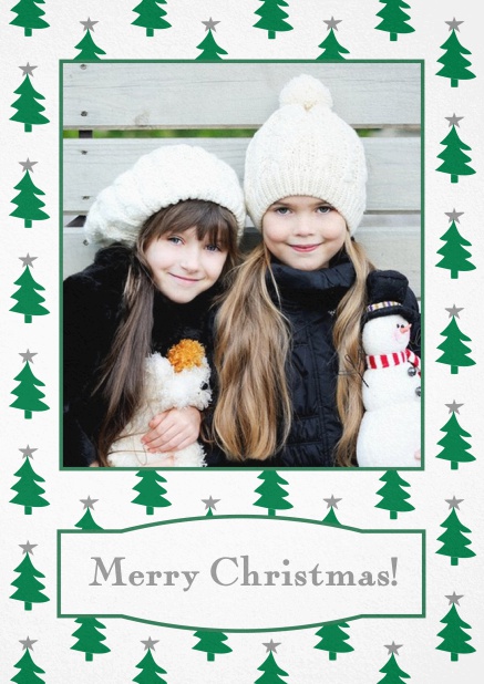 Christmas card with large photo surrounded by cute Christmas trees. Grey.