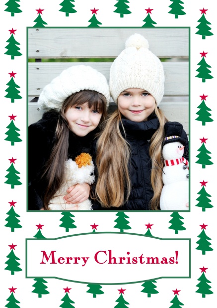 Online Christmas card with large photo surrounded by cute Christmas trees. Red.