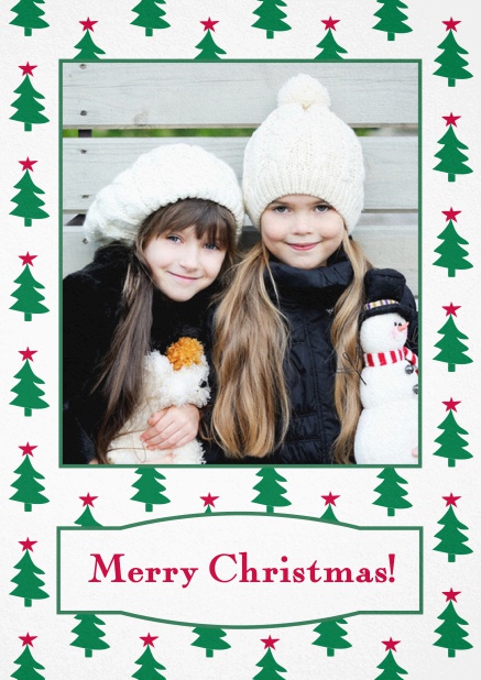 Christmas card with large photo surrounded by cute Christmas trees. Red.