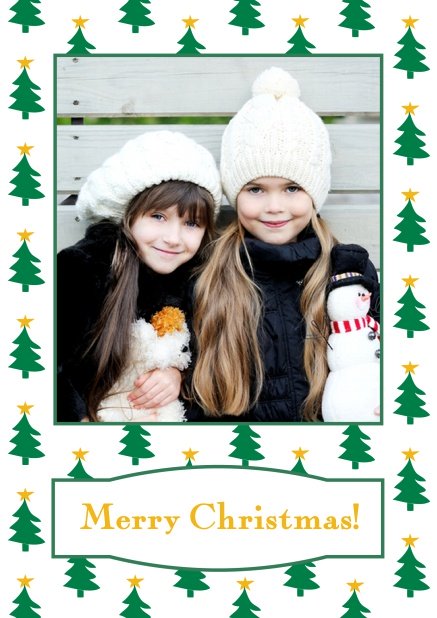 Online Christmas card with large photo surrounded by cute Christmas trees. Yellow.