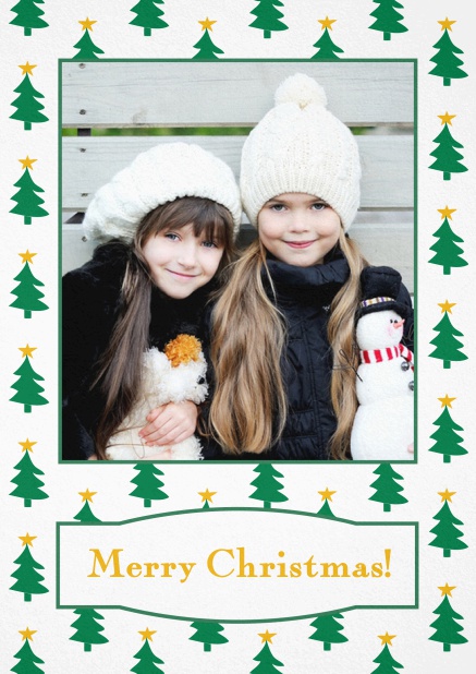 Christmas card with large photo surrounded by cute Christmas trees. Yellow.