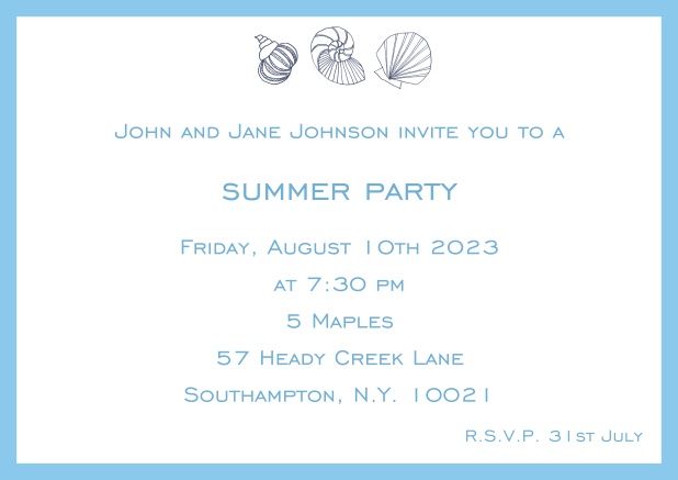 Online Summer invitation card with shells and colorful matching frame. Blue.