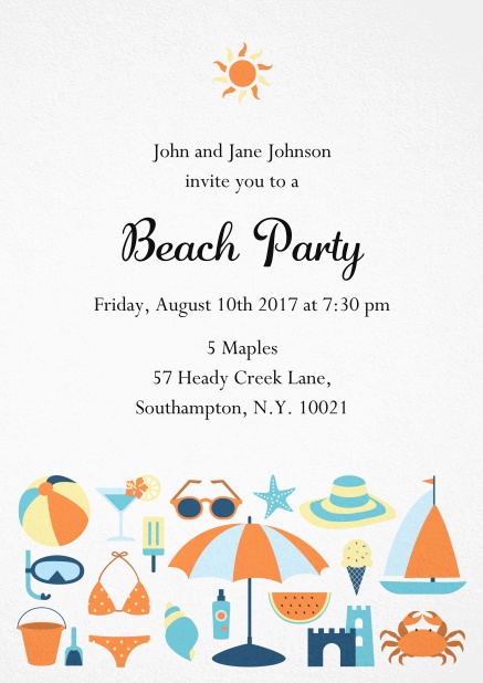 Beach party summer invitation card with sun and beach essentials Orange.