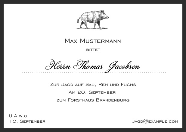 Online Classic hunting invitation card with strong wild boar and elegant border in various colors. Black.