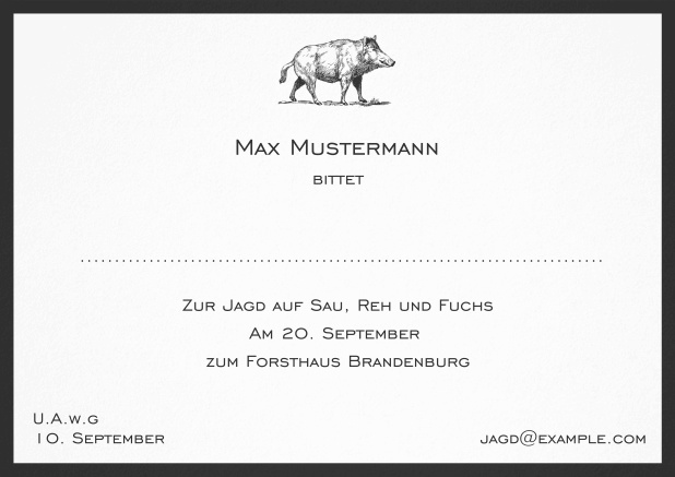 Classic hunting invitation card with strong wild boar and elegant border in various colors. Black.