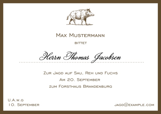 Online Classic hunting invitation card with strong wild boar and elegant border in various colors. Brown.
