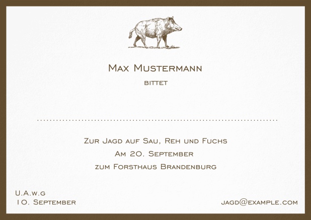 Klassische Einladungskarte zur Jagd mit kapitalem Keiler und elegantem Rand in verschiedenen Farben. Braun.