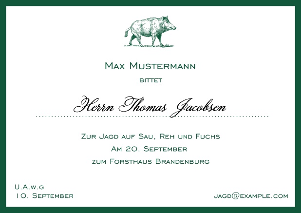 Online Classic hunting invitation card with strong wild boar and elegant border in various colors. Green.