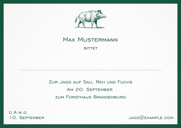 Classic hunting invitation card with strong wild boar and elegant border in various colors. Green.