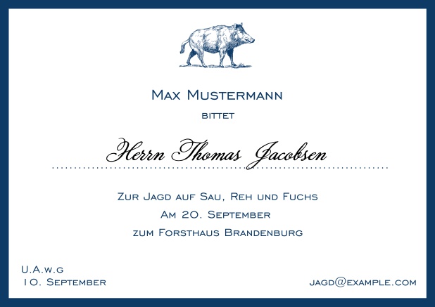 Online Classic hunting invitation card with strong wild boar and elegant border in various colors. Navy.