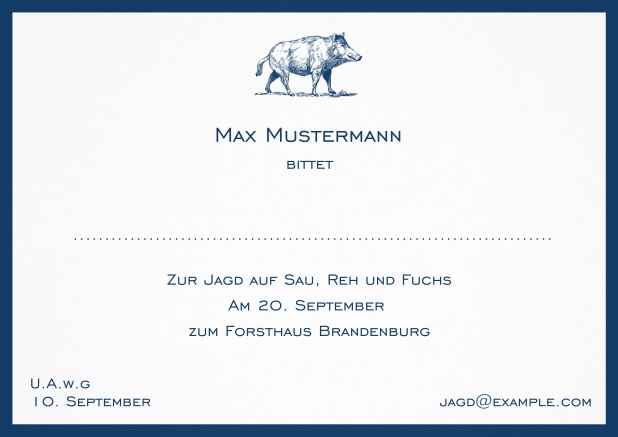 Classic hunting invitation card with strong wild boar and elegant border in various colors. Navy.