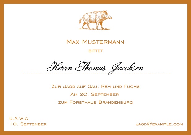 Online Classic hunting invitation card with strong wild boar and elegant border in various colors. Orange.