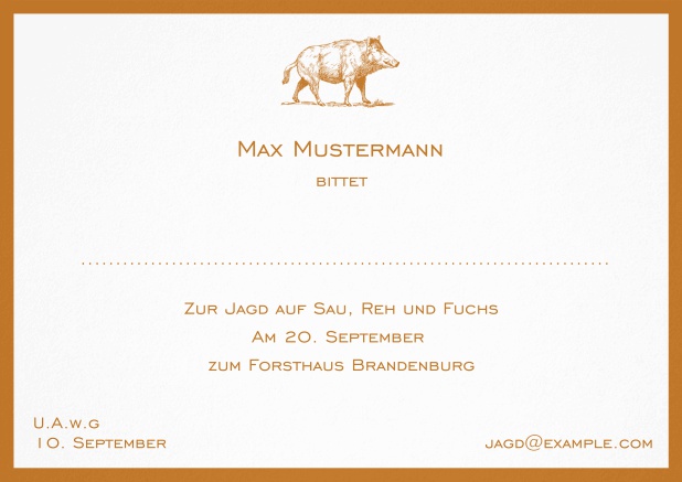 Classic hunting invitation card with strong wild boar and elegant border in various colors. Orange.